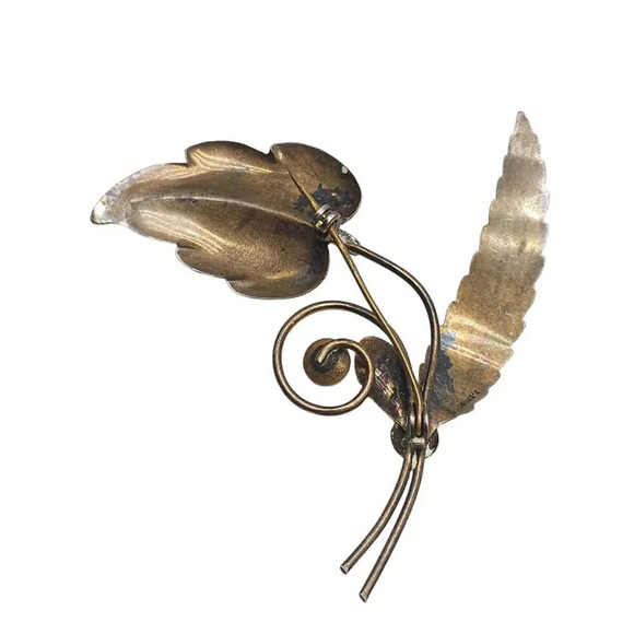 Sterling Silver Gold Vermeil Pearl Large Leaf Brooch Pin Gold Tone Vintage - Picture 3 of 5